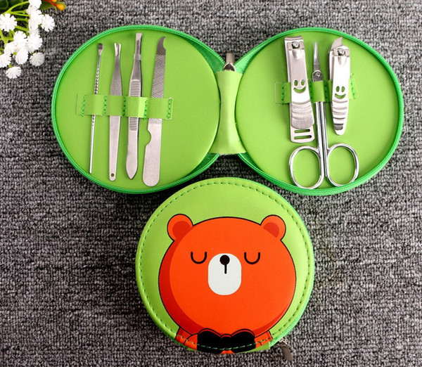 Cute animal bear shape manicure set 6pcs beauty tools stainless steel case for girls utility nail clipper eyebrow