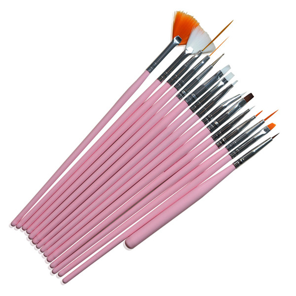 Wholesale- 15pcs/sets Professional Nail ASets Fan Brush Liner Drawing Painting Pen Nylon Pink Handle Manicure Styling Tools LNAO24