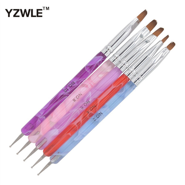 Wholesale- YZWLE 5Pcs/Pack 2-Ways Nail Pen Acrylic UV GEL Nail Art Dotting Brush Pen Builder Liner Design For Acrylic Nail Brushes 24