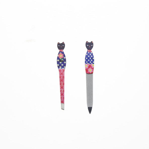 Wholesale- 2Pcs/Set With Black Cat Head Professional Nail Care Products Include Metal Nail File And Eyebrow Tweezer