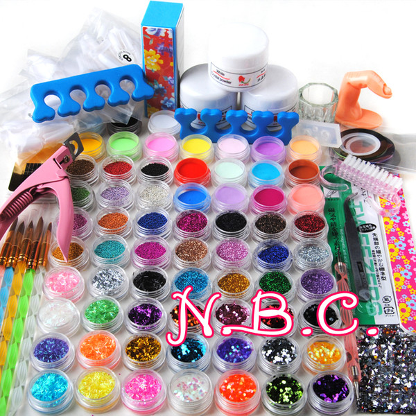 Wholesale- 2015 New 78 Pieces Pro Nail Art Tips Kit DIY Acrylic Nail Glitter Powder Nail Art Tool kit 140 set