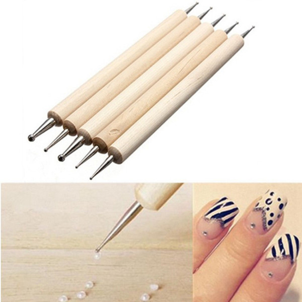 5Pcs/Pack Nail Art Tools Wood Handle Painting Drawing Brush Pen 2 Way Nail Art Dotting Tool