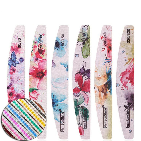 Fashion Printing Two-sided Nail File Sandpaper half moon nail file Printed polished strips 80/100/150/180/240/320 free ship 100pcs