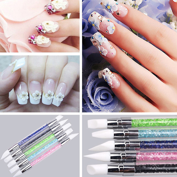 Crystal Rhinestone Decor Handle Pen 2 Way Silicone Head Carving Emboss Shaping Sculpture Nail Art Manicure Dotting Tools