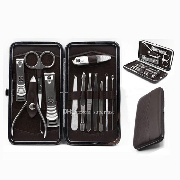 12pcs Nail care Tools Leather Case for Personal Manicure & Pedicure Set Travel & Grooming Kit Tools With Retail package DHL Free Shipping