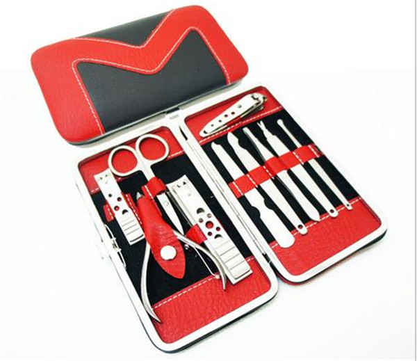 10pcs/sets Portable Manicure Set Pedicure Scissor Tweezer Knife Ear Pick Utility Nail Clipper Kit Stainless Steel Nail Care Tool with bag