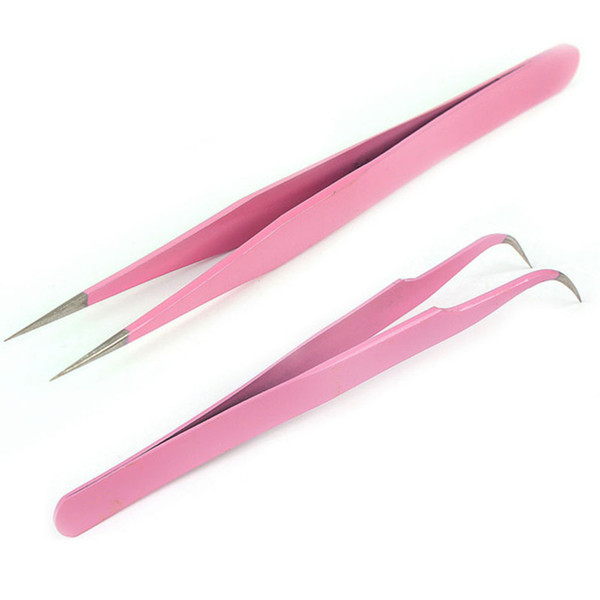 Wholesale-2 Pcs/lot Great Cuticle Scissors Pink Straight Curved Tweezer For Eyelash Extensions Nail Art Nippers Tools