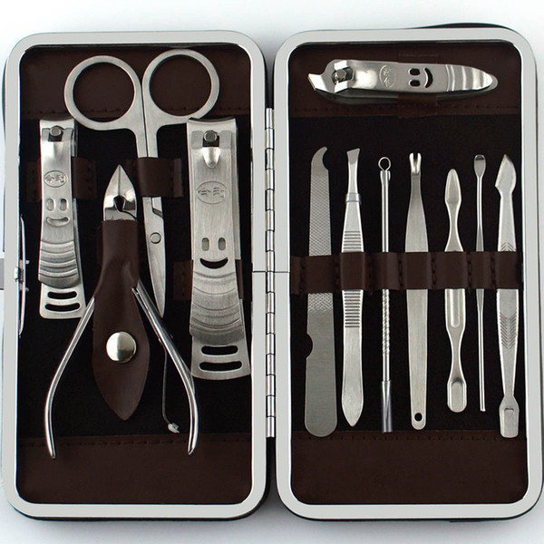 TOP!12pcs Nail Manicure Set and kit Pedicure Scissor Tweezer Knife Ear pick Utility Nail Clipper Kit, Stainless steel Nail Care Tool Sets