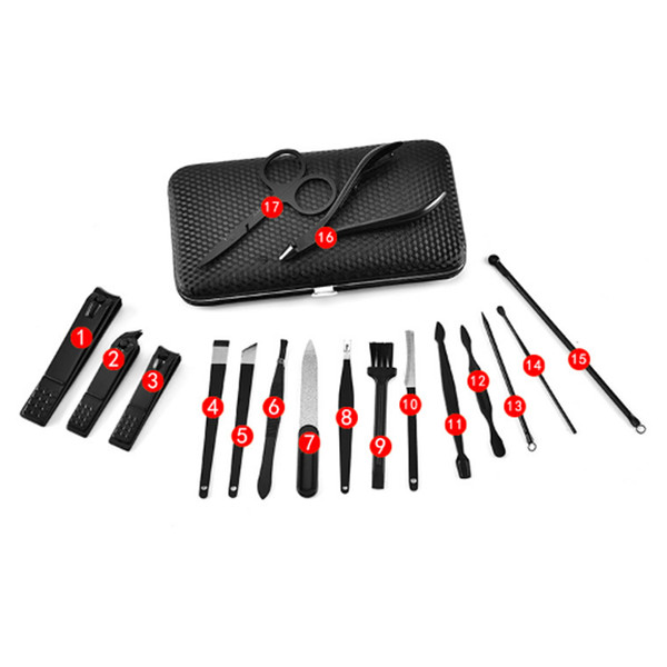 17Pcs Manicure Set Professional Nail Clipper Kit Utility Pedicure Scissors Tweezer Knife Ear Pick Nails Art Tools Sets With Case