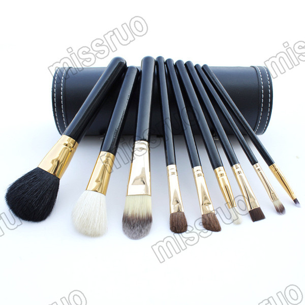 Hot Selling 9 pcs/set Portable Travel Kits Wooden handle animal hair brush bucket make up brush with Round Barrel