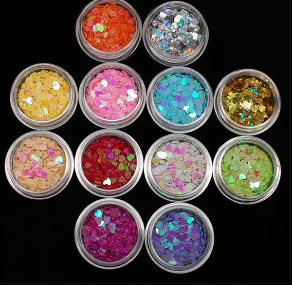 10pcs New 12 Colors Iridescent Sequins Heart Star Pattern Nail Glitters Set