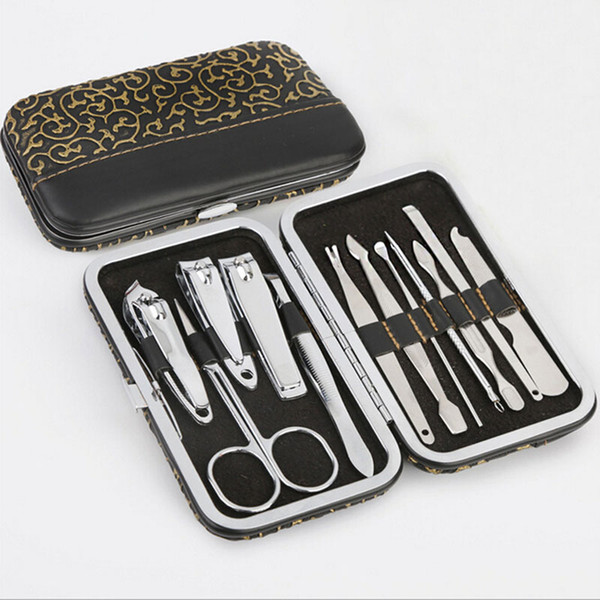 High Quality Stainless steel 12Pcs Pedicure /Manicure Set Nail care Clippers Cleaner Cuticle Grooming Kit with leather Case