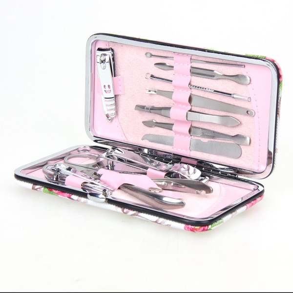 12pcs Manicure Set Pedicure Scissor Nail Clipper Kit Nail Tools Tweezer Knife Ear pick Tools Complete Stone Pattern/grid Case