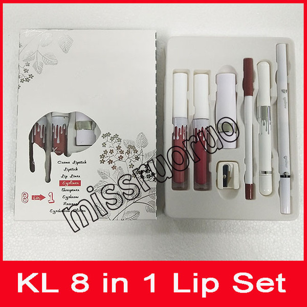 HOT Kylie Makeup Set Creme Matte Liquid Lipstick & Lip Liner Eyeliner Sharpener Eyebrow Pencil Mascara Eyeshadow Glitter Pen Set 8 in 1