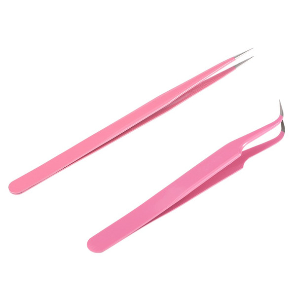 W3569 2Pcs/set Stainless Steel Pink Straight/Curved Nail Tweezers Nippers Tools Eyelash Pinzas Para Unas Kuku Pinset Pinzette Per Unghie