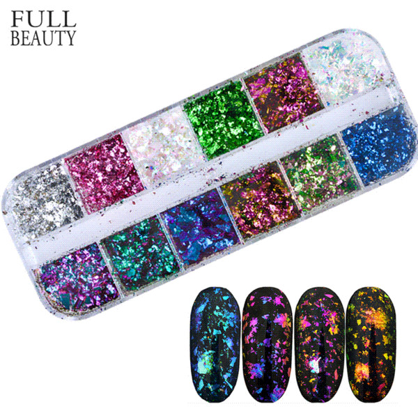 Full Beauty 12 Color Dazzling Sparkly Nail Sequins Chameleon Irregular Mirror Glitter Powder Dust DIY Decor Nail Flakes CHBS