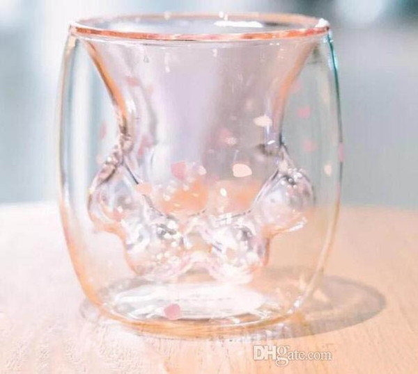 New Pink Cat Claw Glass cup Cherry series Double transparent coffee mug 178ML cat paw cup For Juice Milk Beer