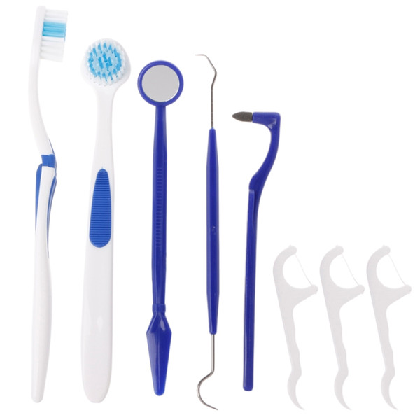 8Pcs/Set PP Dental Care Kit Tooth Brush Dental Flosser Floss Stain Tongue Picks Mirror Teeth Clean