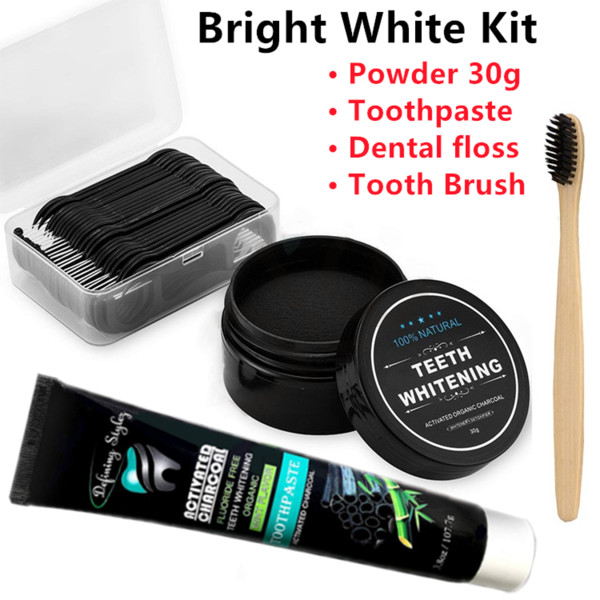 FDA Safe Natural Organic Activated Charcoal Teeth Whitening Powder Toothpashe Set Remove Smoke Tea Coffee Yellow Stains Bad Breath Oral Care