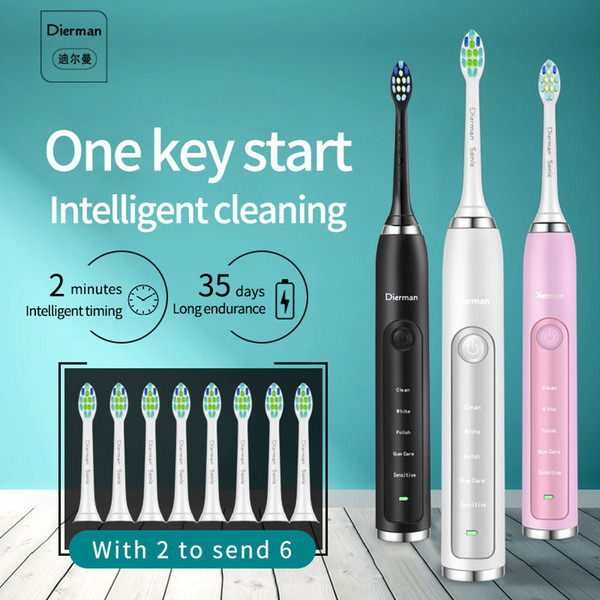 2019 Dierman new Sonic Electric Toothbrush 2 brush heads for Adult 5 Cleaning Modes Wireless inductive Power Tooth Brush Waterproof Portable