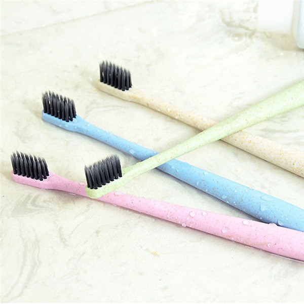 Wheat Straw, soft Environmental Portable Wheat Straw Handle Toothbrush Flat Handle Environment-friendly Bamboo Charcoal Toothbrush 4 Colors