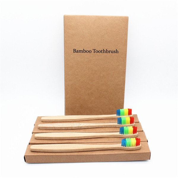 5Pcs/Sets Colorful Bristles Head Bamboo Toothbrush Wholesale Environment Wooden Rainbow Bamboo Toothbrush Oral Care Soft Bristle