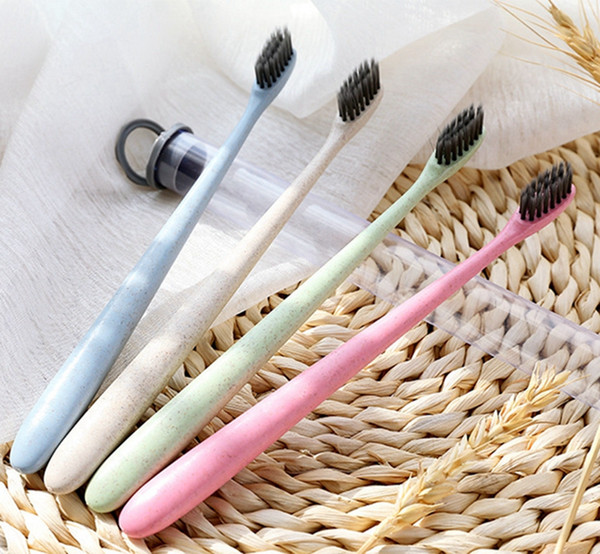 Envriomental Friendly Wheat Stalk Toothbrush Bamboo Charcoal Teethbrush Soft Portable Toothbrush for Adult and Kids Travel Use PVC Tube Pack