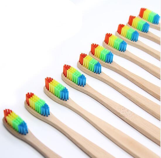 Wholesale 12PCS/LOT Colorful Head Bamboo Toothbrush Environment Wooden Rainbow Bamboo Toothbrush Soft Bristle free shipping