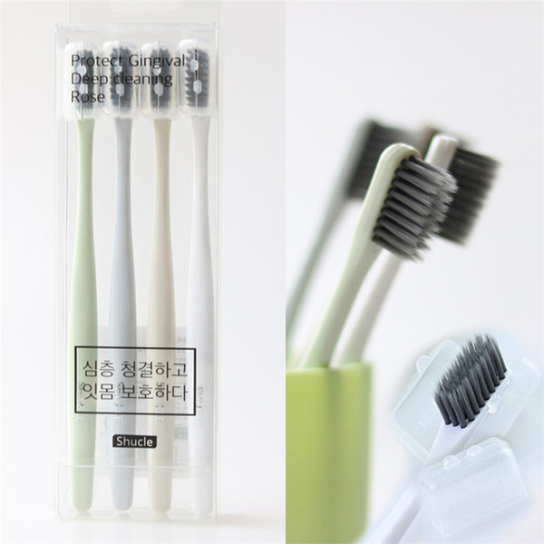 4pcs/Pack Bamboo Charcoal Toothbrush with Dust Caps Portable Travel Tooth Brush Nano Toothbrushes Soft Bristle Oral Hygiene