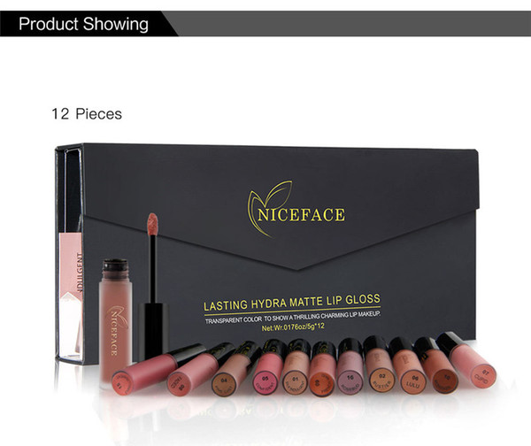 NICEFACE 12Pcs/Set Moisturizer Matte Liquid Lipstick Lips Gloss Nude Matte Lipstick Lips Waterproof Metal Color Makeup Sets