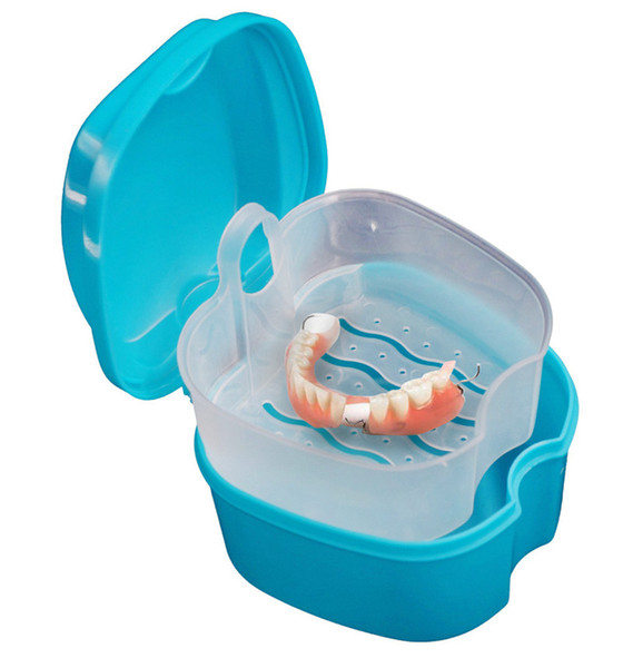 5pcs Quality Denture Bath Box Case Dental False Teeth Storage Box with Hanging Net Container Blue Plastic artificial tooth set holder