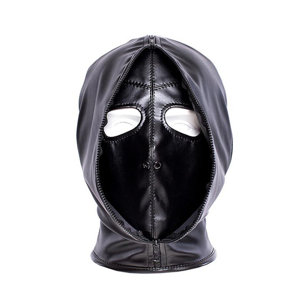 Unisex Leather Sex Bondage Zippered Dual Layer Head Bondage Devil Hood with Open Mouth Eyes Mask Cosplay Halloween Costume