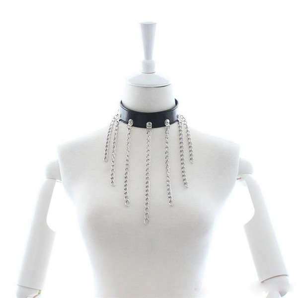 Adult Locking Sex Bondage Collar Fetish Restraint PU Leather with 7 Draped Metal Chain Neck Harness Punk