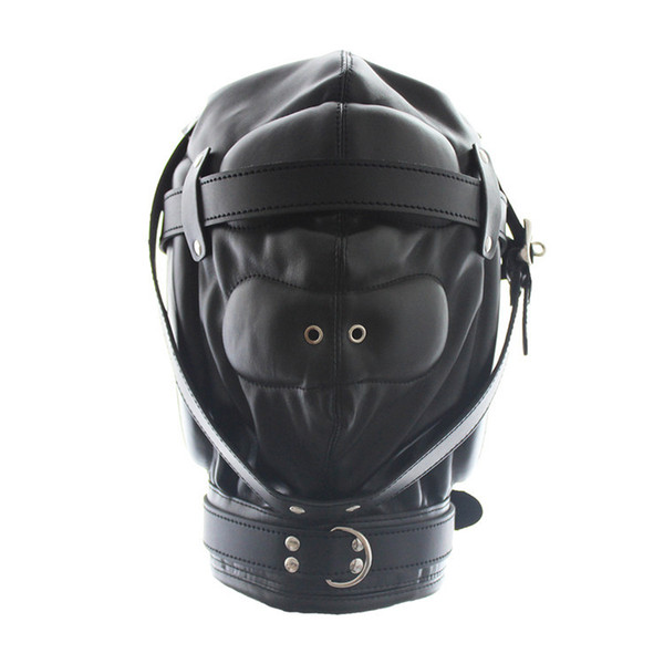 Kinky Fetish Sex Bondage Lockable Discipline Hood Soft Padded Leather Sensory Deprivation Mask with Snap On Dildo and Blindfold