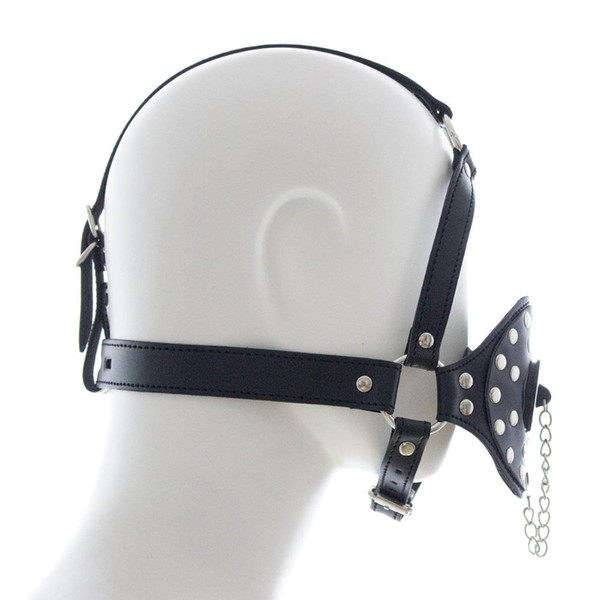 PU Leather Head Harness Gag with Stopper Cover and Riveted Face Masks for Adult Bondage Kinky Fetish Toys