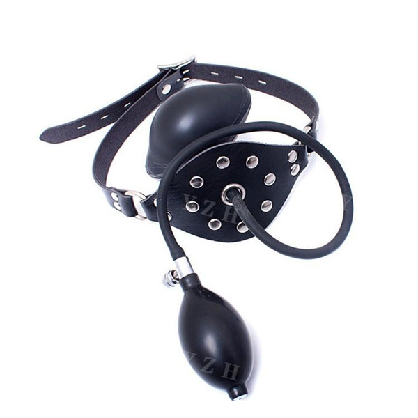 Sex Bondage Gear Leather Studded Mask with Inflatable Ball Gag and Pump with Rubber Choker Balloon for Sub Slave Game