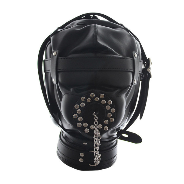 Kinky Fetish Sex Bondage Lockable Discipline Hood Soft Padded Leather Sensory Deprivation Mask with Snap On Dildo and Blindfol