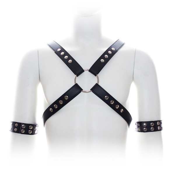 2016 New Sex Bondage PU Leather Male Chest Harness with Arm Restraints Adult Leather Strap Sex Fetish Costumes