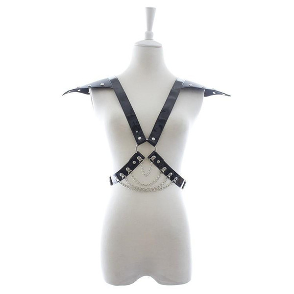 Female Erotic Leather Body Harness Cupless Top with Shoulder Pad and Bra Chain Women's Bondage Fetish Wear Black