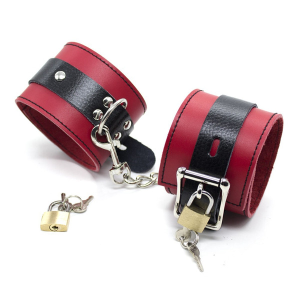 Black and Red Genuine Real Leather with Locks Ankle Cuffs Sex Bondage Restraint Toys