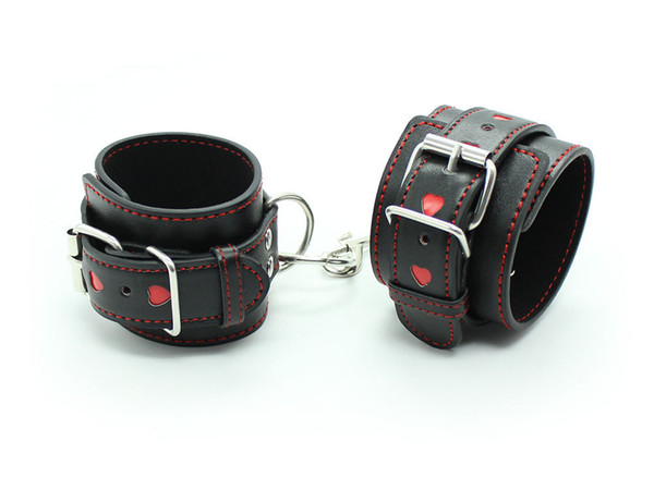 Red Love Heart Craved Black Faux Leather Wrist Cuffs Bondage Restraints Adjustable Length