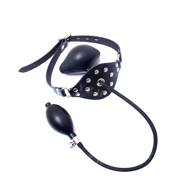 Sex Bondage Gear Leather Studded Mask with Inflatable Ball Gag and Pump with Rubber Choker Balloon for Sub Slave Game