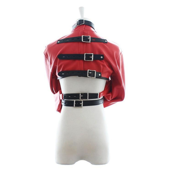 Kinky Gay Fetish Red Leather Straitjacket Female Cupless Strait Jacket Women's Sex Bondage Restraint Costume