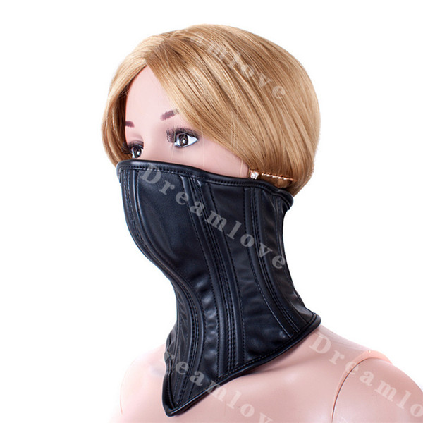 Adult Female PU Soft Leather Sex Bondage Neck Corset Collar Womens Fetish Lockable Submission Half Face Muzzle