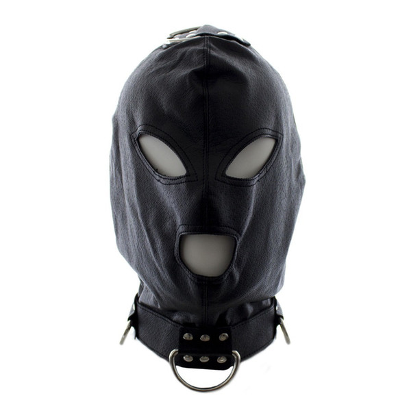 Kinky Fetish Sex Bondage Discipline Hood PU Leather Eyes & Mouth Open Bondage Restraint Gimp Mask With Rope Fastens