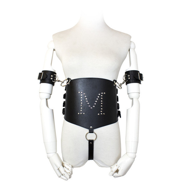 Female Sex Bondage Leather Body Harness Corset Cincher with Arm Restraints and Thong Adult Fetish Costume Set