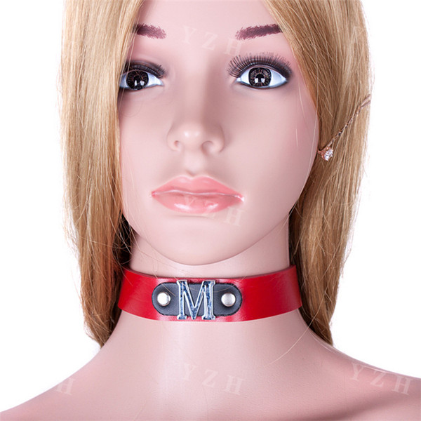 Handmade Metal M Print Lockable Choker Collar Faux Leather Charm Neck Collar Bondage Fetish