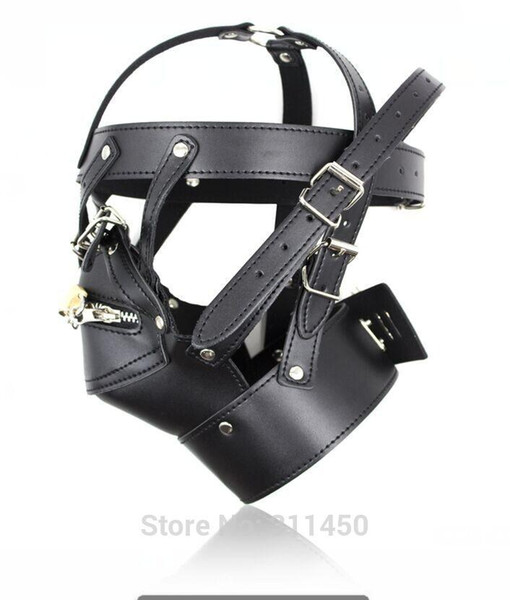 Kinky Fetish PU Leather Zip Mouth Mask with Posture Collar Bondage Slave Head Restraint Dungeon Gear Submission Training