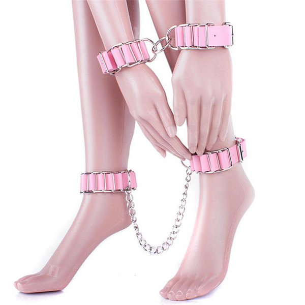 Sex Cuffs Set Woven Pink Leather Over Metal Wrist and Ankle Cuffs with Chains Dungeon Gear