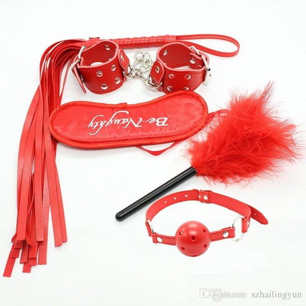 Quality Red Adult Sex Bondage Heavy Load 5 pieces Set Ball Gag Cuffs Eye-shield Feather Whip Party Toys